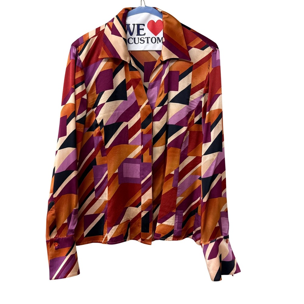 Lafayette 148 New York Silk Geometric Abstract Print Blouse Size 6 Orange Purple